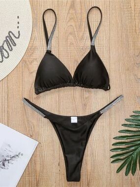 Black Rhinestone Strap Triangle Bikini Set